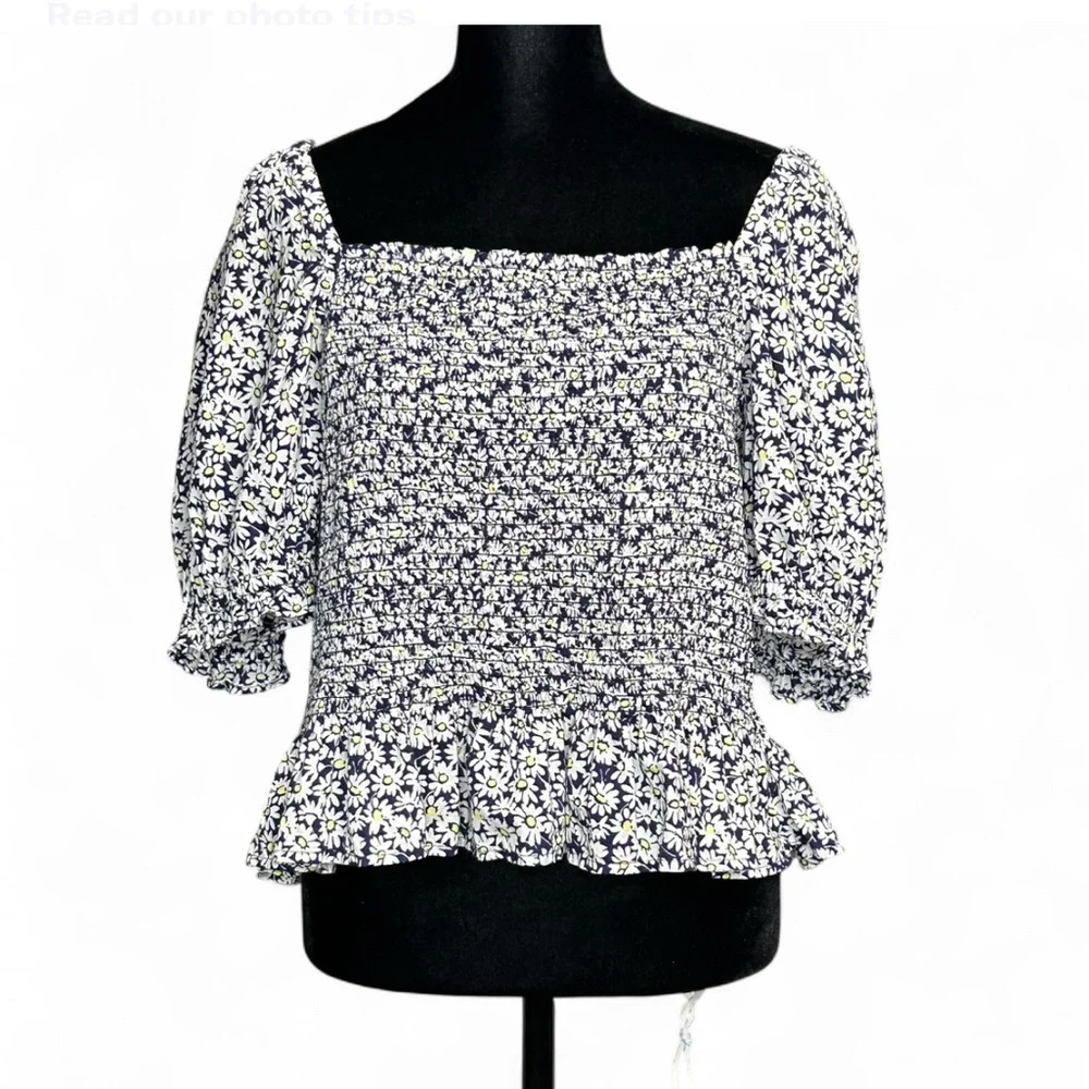 J CREW Black & White Daisy Print Blouse Square Neck Ruffle Hem XL, NWOT